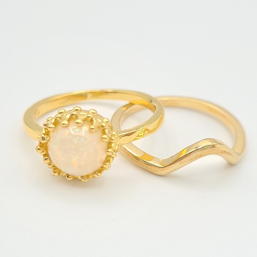 Gold Tone Opal Ring Set Size 7.5 Stackable Wave Band